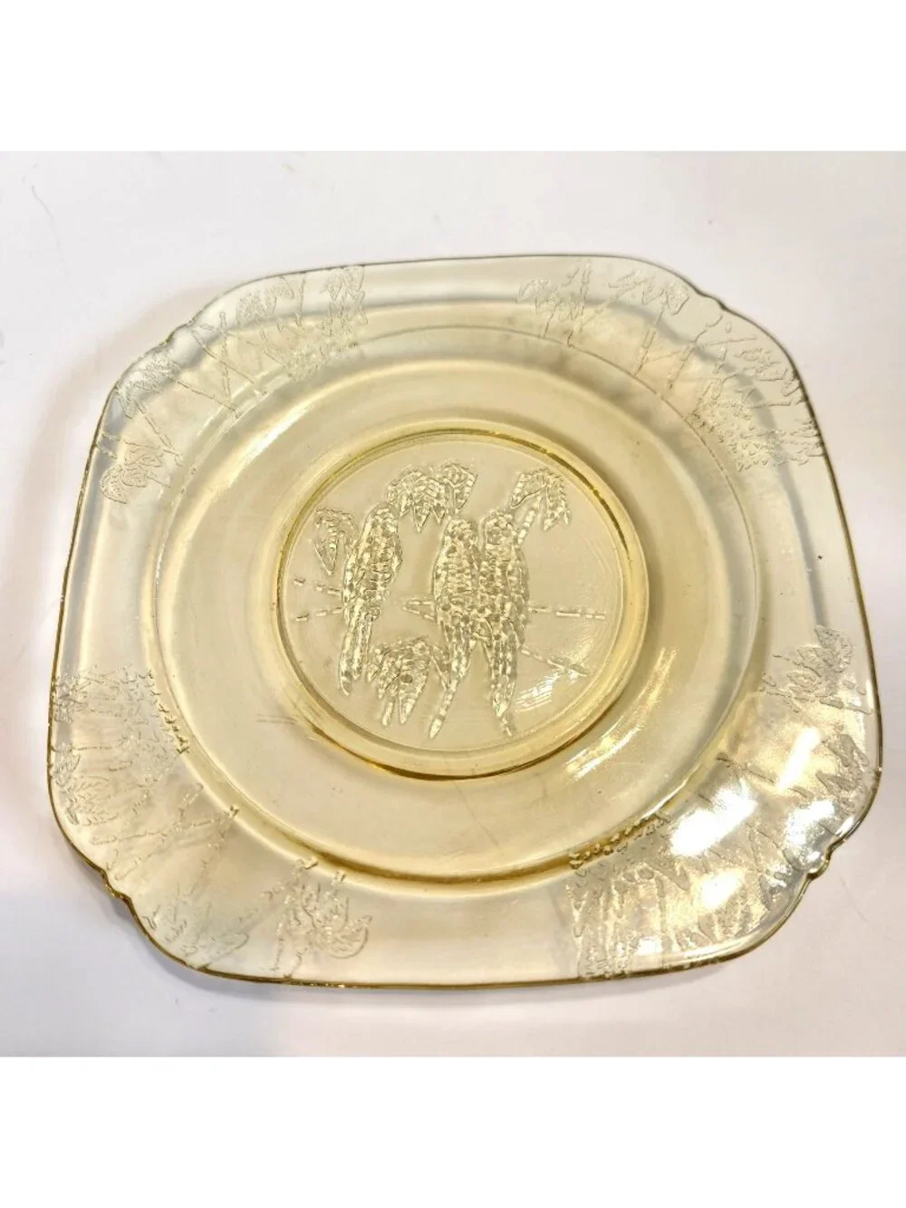 Federal Glass Depression Glass Plate with Sylvan Parrots & Leaves Square Rare